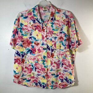Womens Vintage Gitano‎ Floral Button Shirt Short Sleeve L Green Pink Yellow